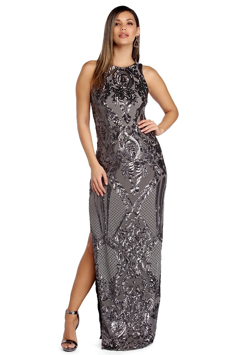 Sarai  Sleeveless Sequin Scroll Dress