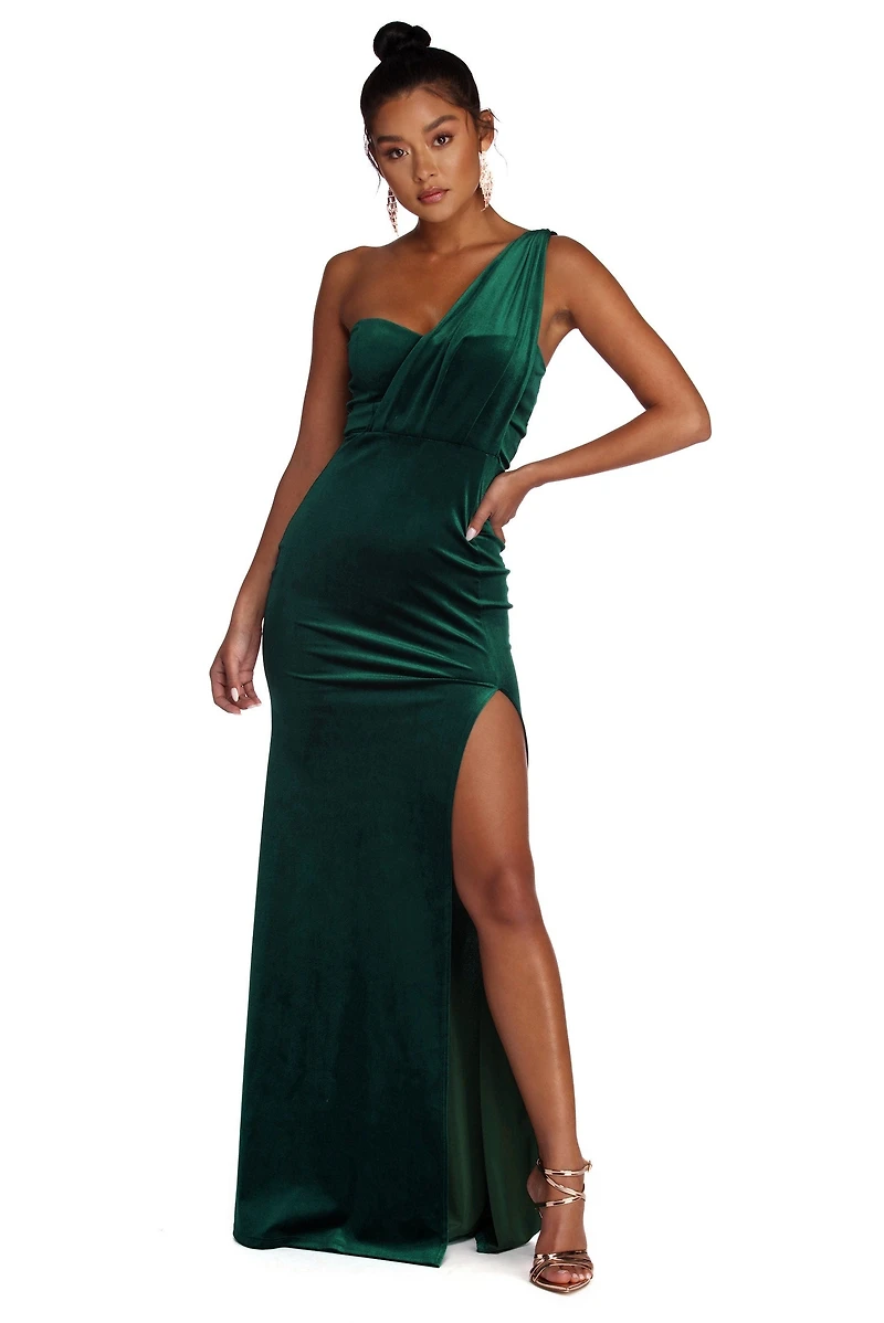 Iris One Shoulder Draped Velvet Dress