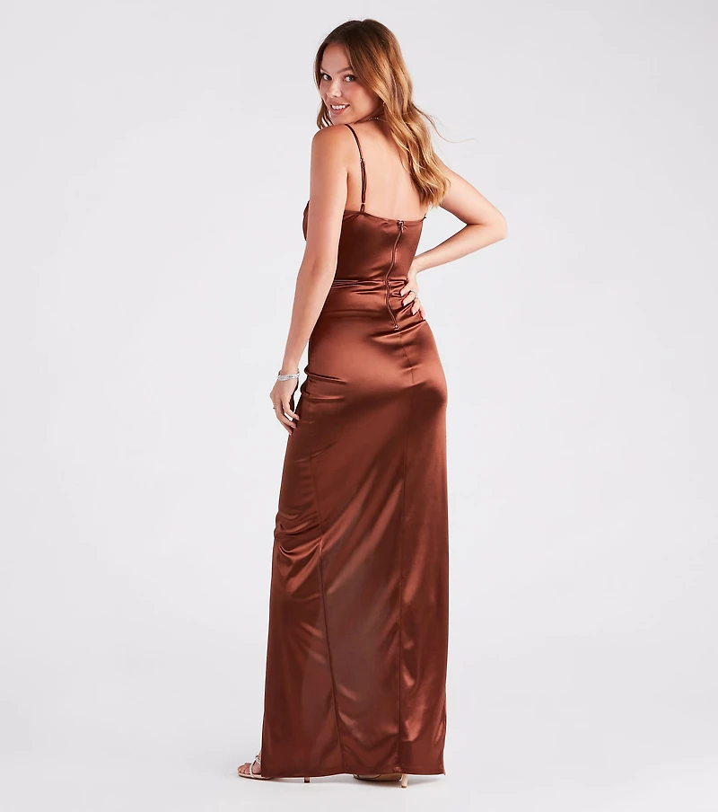 Julie Formal Satin Cowl Neck Wrap Dress
