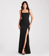 Bella Formal Crepe Rhinestone Open Back Dress
