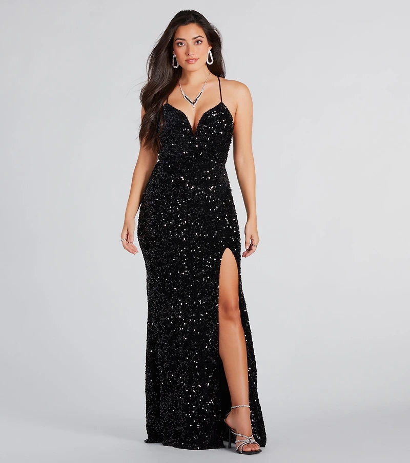 Giselle Formal Sequin Velvet Lace-Up Dress