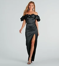Elodie Formal Ruffled Off-The-Shoulder Satin Mermaid Dress