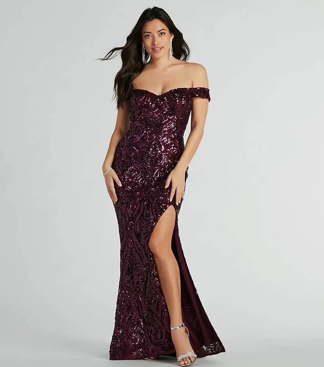 bronze formal dress with sleeves Glamorous Off-the-Shoulder Sequins Prom Dress Mermaid With Ruffle