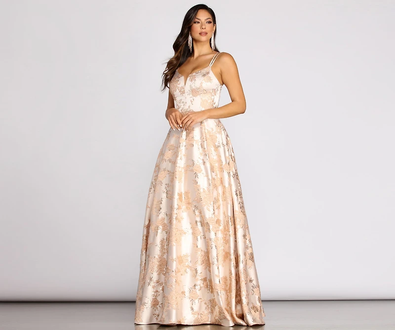 Cherie Floral Jacquard Deep V Ball Gown