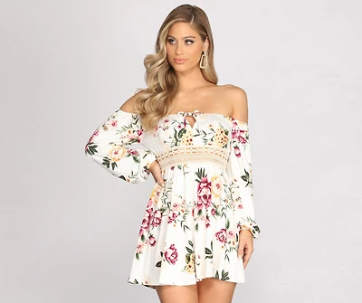 Bring The Romance Off Shoulder Long Sleeve Skater Dress