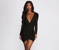 Mesh Long Sleeve Deep V Mini Dress