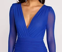 Mesh Long Sleeve Deep V Mini Dress