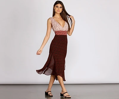 Pop Of Color Block Ditsy Floral Midi Dress