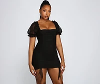 Drawn Puff Sleeve Ruched Mini Dress