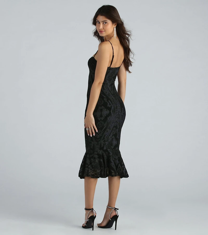 Step Out Flocked Velvet Ruffle Midi Dress