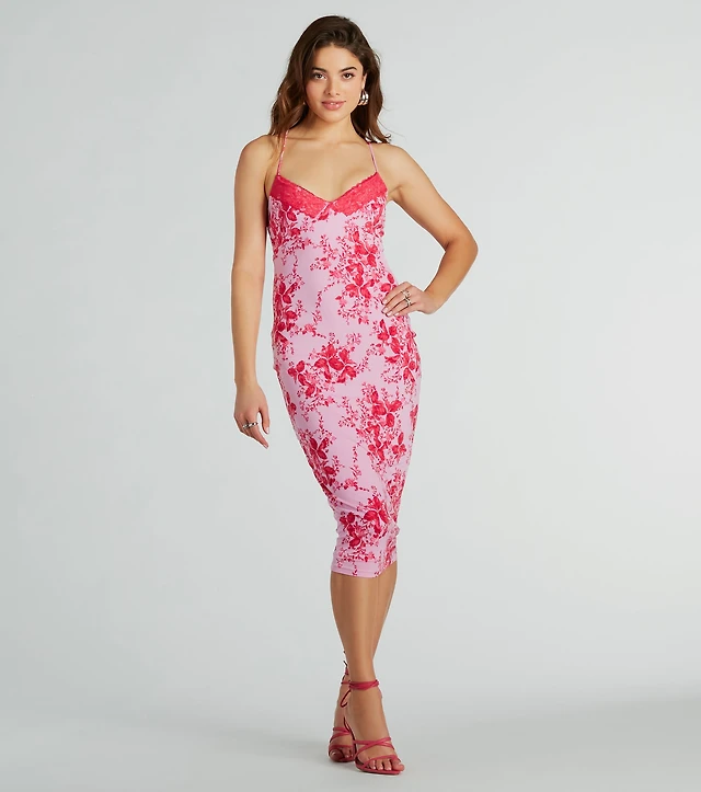 floral satin midi dress forever 21 Forever 21 Women's Satin Lace-Trim Floral Midi Dress in Ivory/Pink, XS