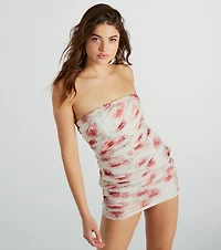 She's A Dream Strapless Ruched Floral Mesh Mini Dress