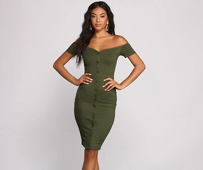 All Buttoned Up Off The Shoulder Midi Dress