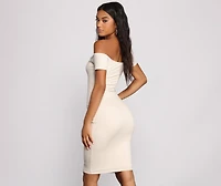 All Buttoned Up Off The Shoulder Midi Dress