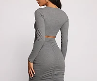Open Back Ruched Ribbed Knit Midi Dress