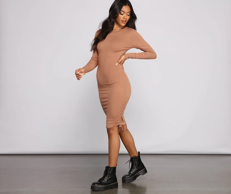 Ruched And Ribbed Knit Crew Neck Mini Dress