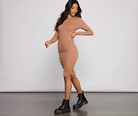 Ruched And Ribbed Knit Crew Neck Mini Dress