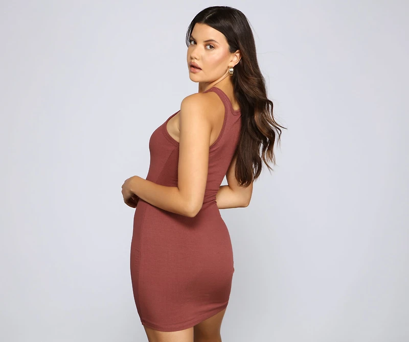 Ribbed Knit Crew Neck Bodycon Mini Dress