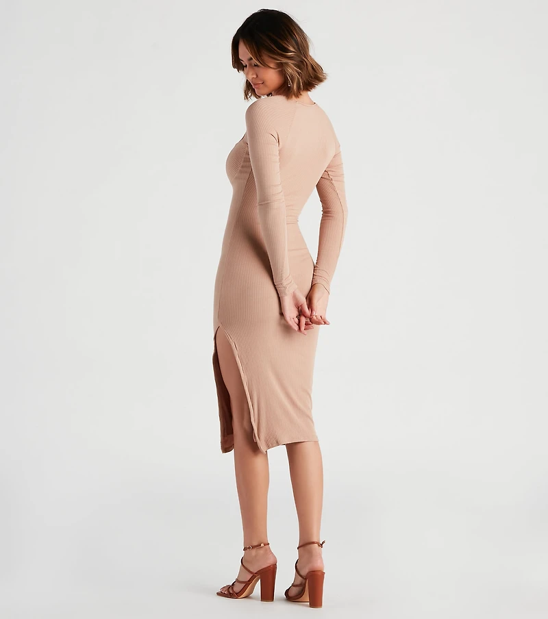The Midi Long Sleeve Slit Dress