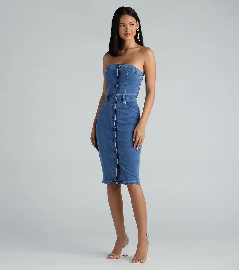 On The Down Low Denim Strapless Midi Dress