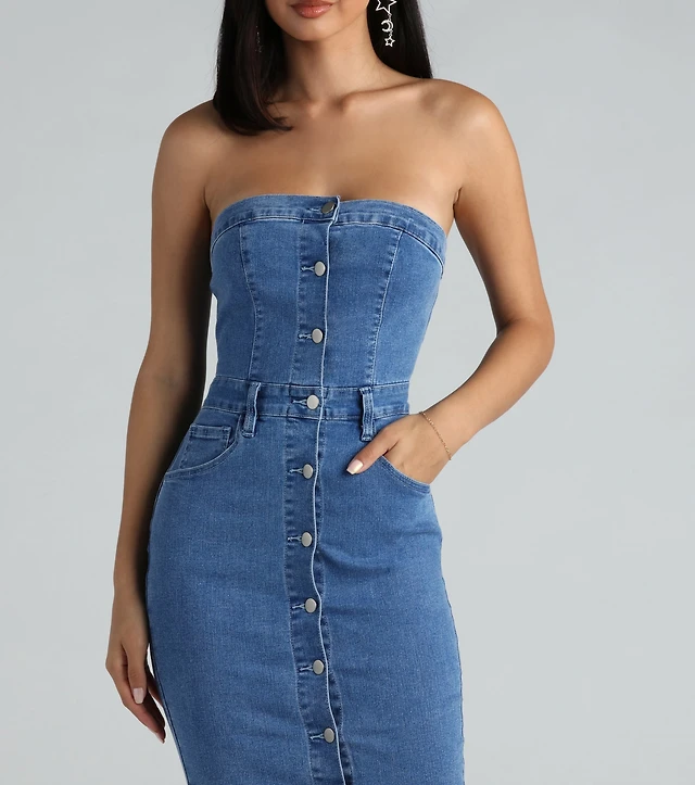 keoni strapless denim midi dress Strapless Denim Dress