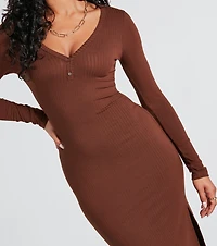Change Of Season Long Sleeve Ribbed Knit Midi Dress