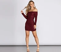 Off Shoulder Long Sleeve Glittering Mini Dress