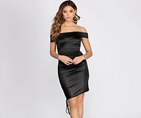 An Evening Out Satin Off Shoulder Mini Dress