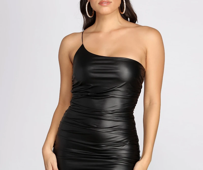 One Shoulder Faux Leather Mini Dress