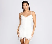 Pullin' At Your Heartstrings Ruched Lace Mini Dress