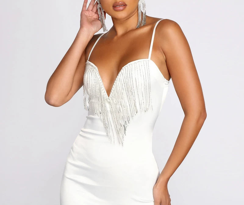 Absolutely Speechless  Rhinestone Fringe Satin Mini Dress