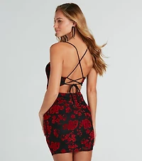 Garden Paradise Floral Velvet Lace-Up Mini Dress