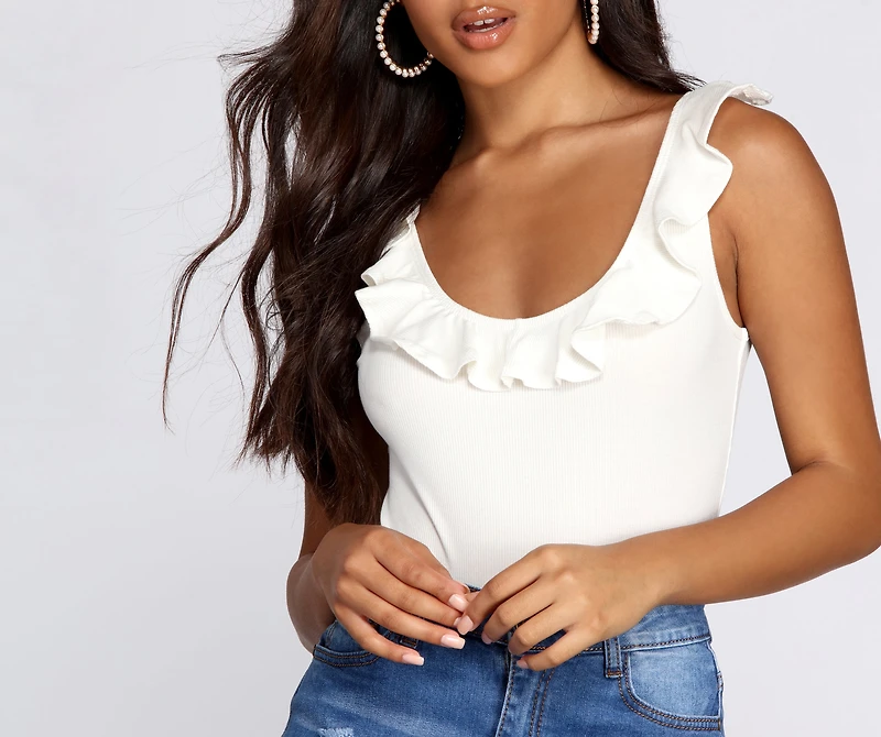 Ruffle Trim Ribbed Bodysuit