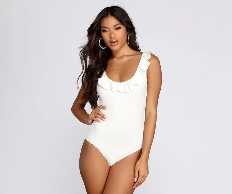 Ruffle Trim Ribbed Bodysuit