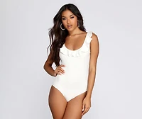 Ruffle Trim Ribbed Bodysuit