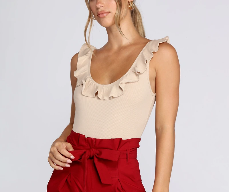 Ruffle Trim Ribbed Bodysuit
