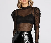Heat Stone Mesh Puff Sleeve Top