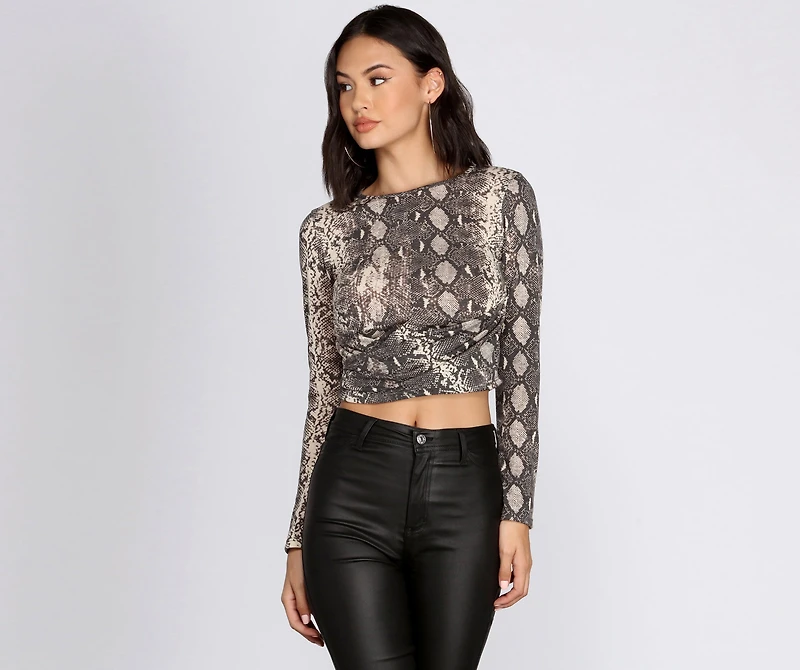 Twist Front Snake Print Crop Top