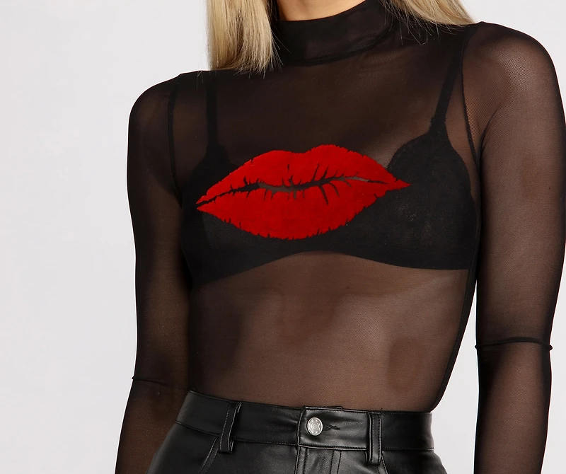 Kiss Flocked Lips Mesh Top