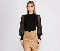 Sheer Balloon Sleeve Mock Neck Top