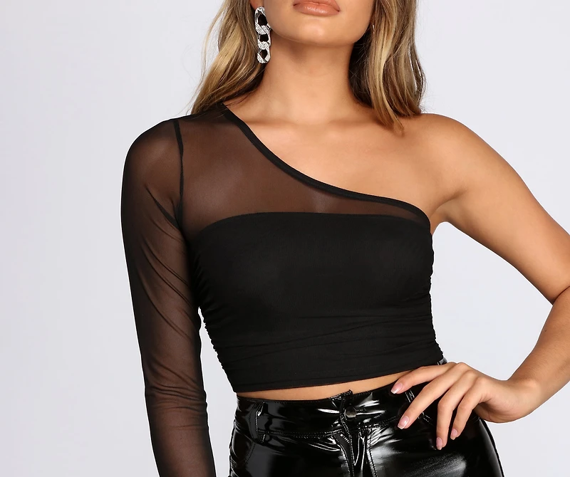 One Shoulder Mesh Crop Top