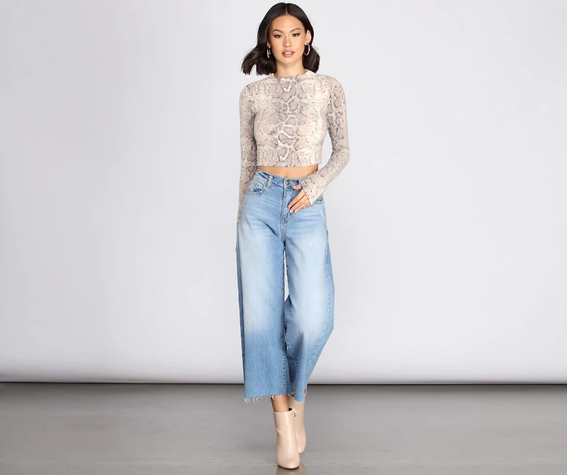 Snake Print Brushed Knit Crop Top