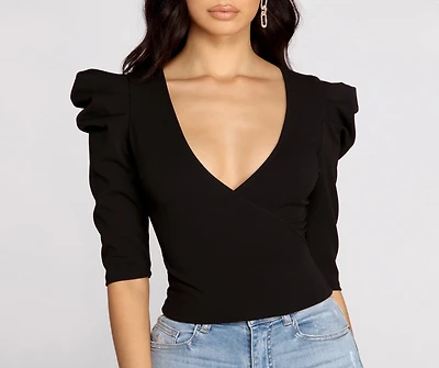 Puff Shoulder Wrap Front Top