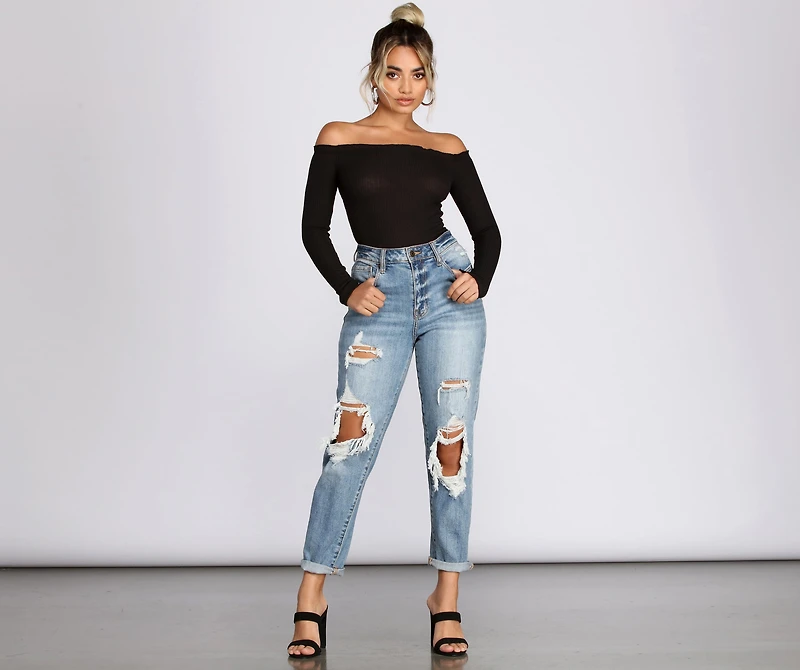 Off The Shoulder Ribbed Knit Top