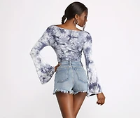 Tie Dye Twist Front Bell Sleeve Crop Top