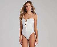 Ruched Ruffle Lace-Up Bodysuit