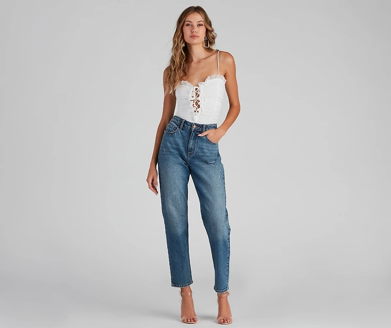 Ruched Ruffle Lace-Up Bodysuit