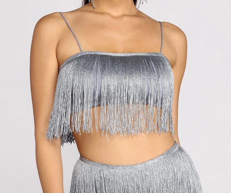 Don't Stop Now Metallic Fringe Crop Top