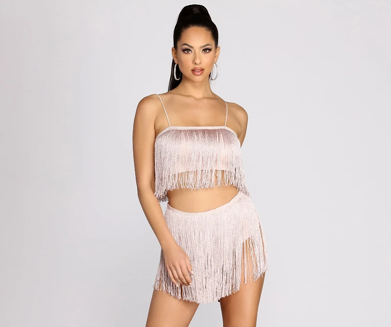 Don't Stop Now Metallic Fringe Crop Top