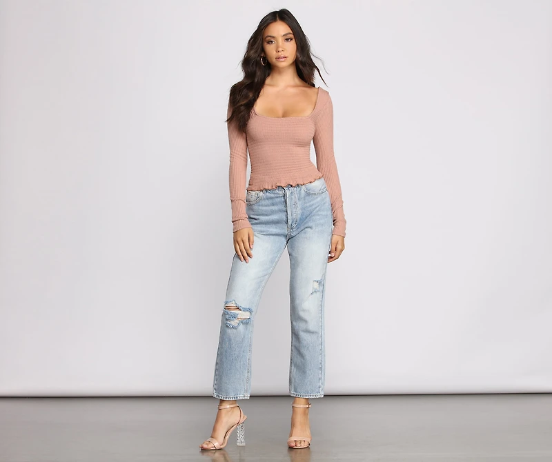 Ribbed And Smocked Square Neck Crop Top
